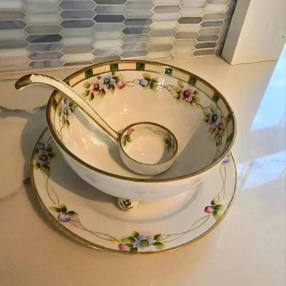 Nippon Gold Floral 3 Piece Hand Painted Mayo Condiment Set Bowl Saucer Ladle